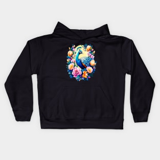 A Cute Peacock Surrounded by Bold Vibrant Spring Flowers Kids Hoodie